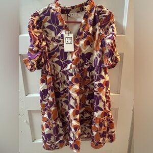 THML Ruched Sleeve Print Tiered Dress- Orange/Purple